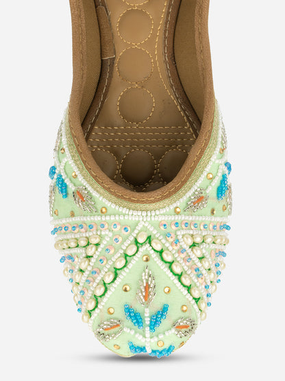 DESI COLOUR Women Sea Green Embellished Ethnic Mojaris Flats