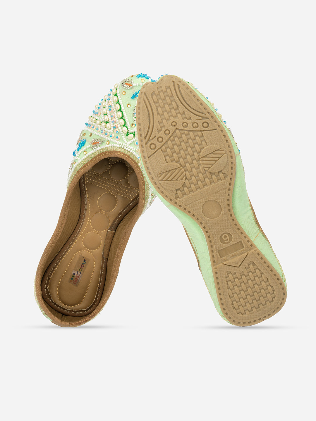 DESI COLOUR Women Sea Green Embellished Ethnic Mojaris Flats