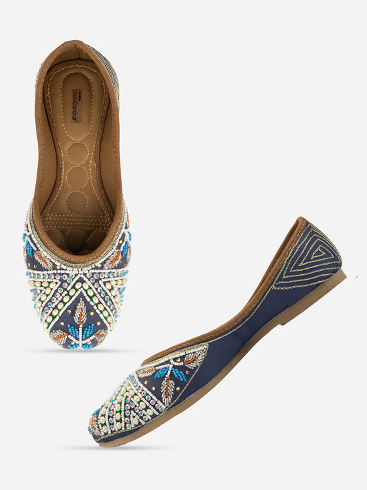 DESI COLOUR Women Blue Embellished Leather Ethnic Mojaris Flats