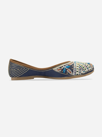 DESI COLOUR Women Blue Embellished Leather Ethnic Mojaris Flats