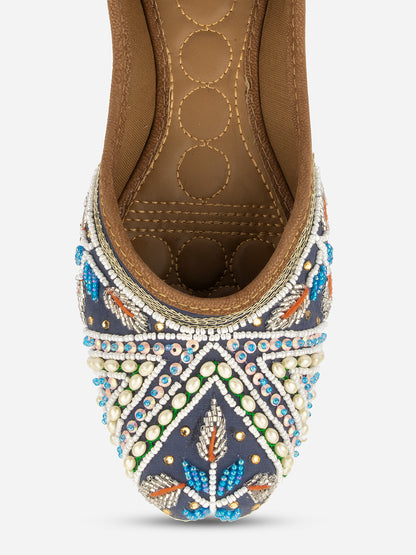 DESI COLOUR Women Blue Embellished Leather Ethnic Mojaris Flats