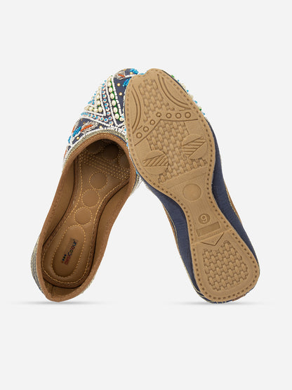 DESI COLOUR Women Blue Embellished Leather Ethnic Mojaris Flats
