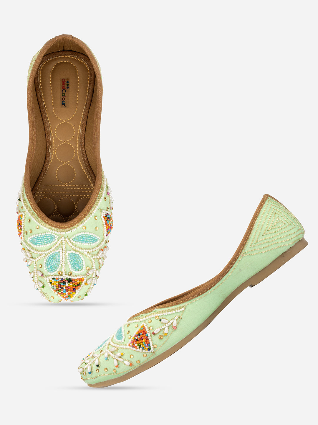 DESI COLOUR Women Sea Green Ethnic Embroidered Mojaris