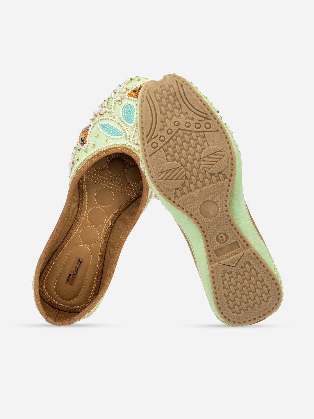 DESI COLOUR Women Sea Green Ethnic Embroidered Mojaris