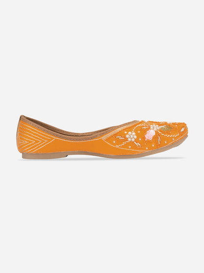 DESI COLOUR Women Orange Embellished Leather Ethnic Mojaris Flats