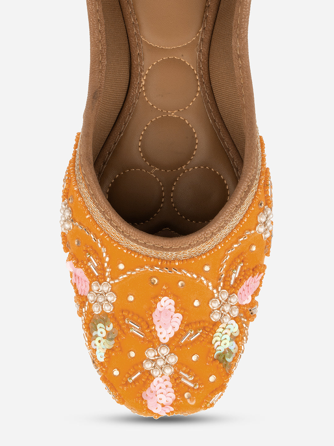 DESI COLOUR Women Orange Embellished Leather Ethnic Mojaris Flats
