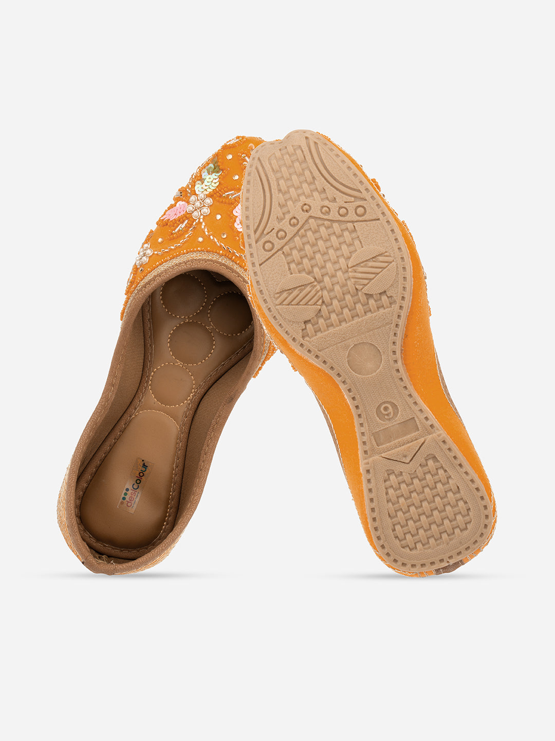 DESI COLOUR Women Orange Embellished Leather Ethnic Mojaris Flats