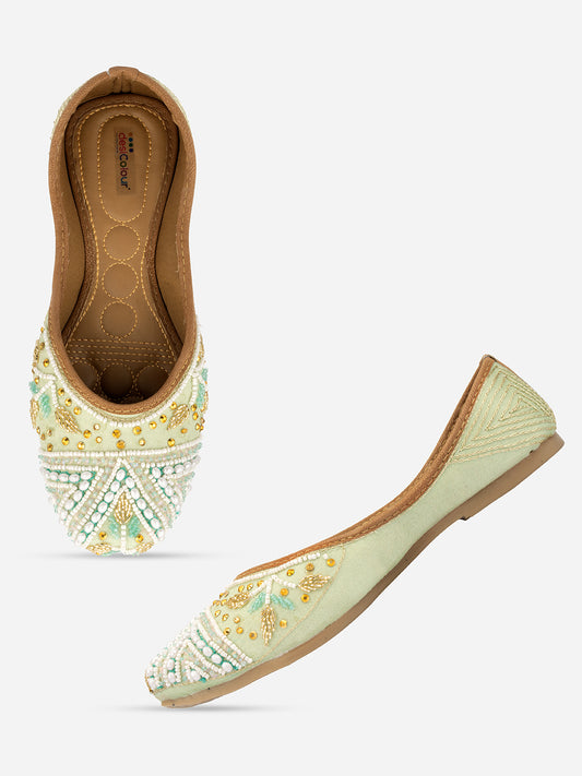 DESI COLOUR Women Sea Green Ethnic Mojaris Flats
