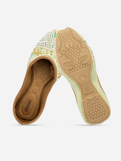 DESI COLOUR Women Sea Green Ethnic Mojaris Flats