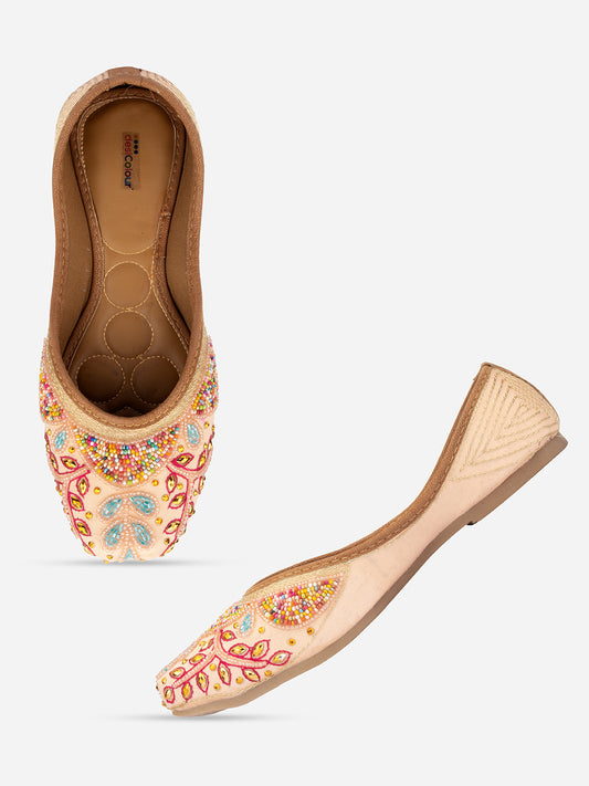 DESI COLOUR Women Peach-Coloured Embellished Leather Ethnic Mojaris Flats