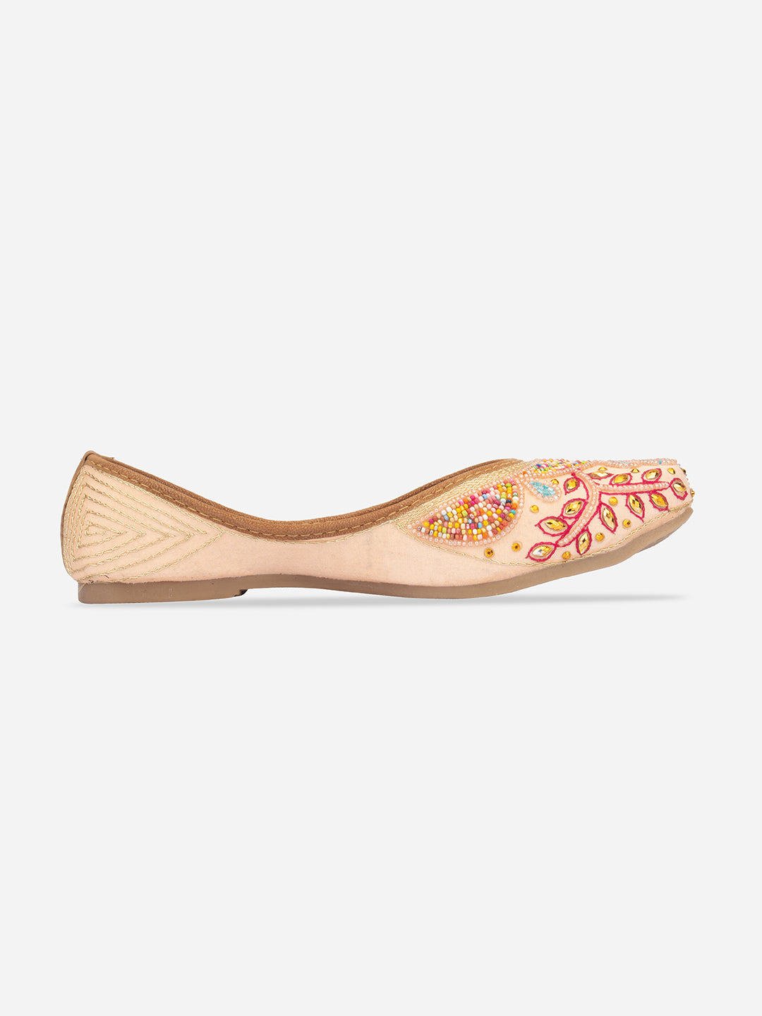 DESI COLOUR Women Peach-Coloured Embellished Leather Ethnic Mojaris Flats