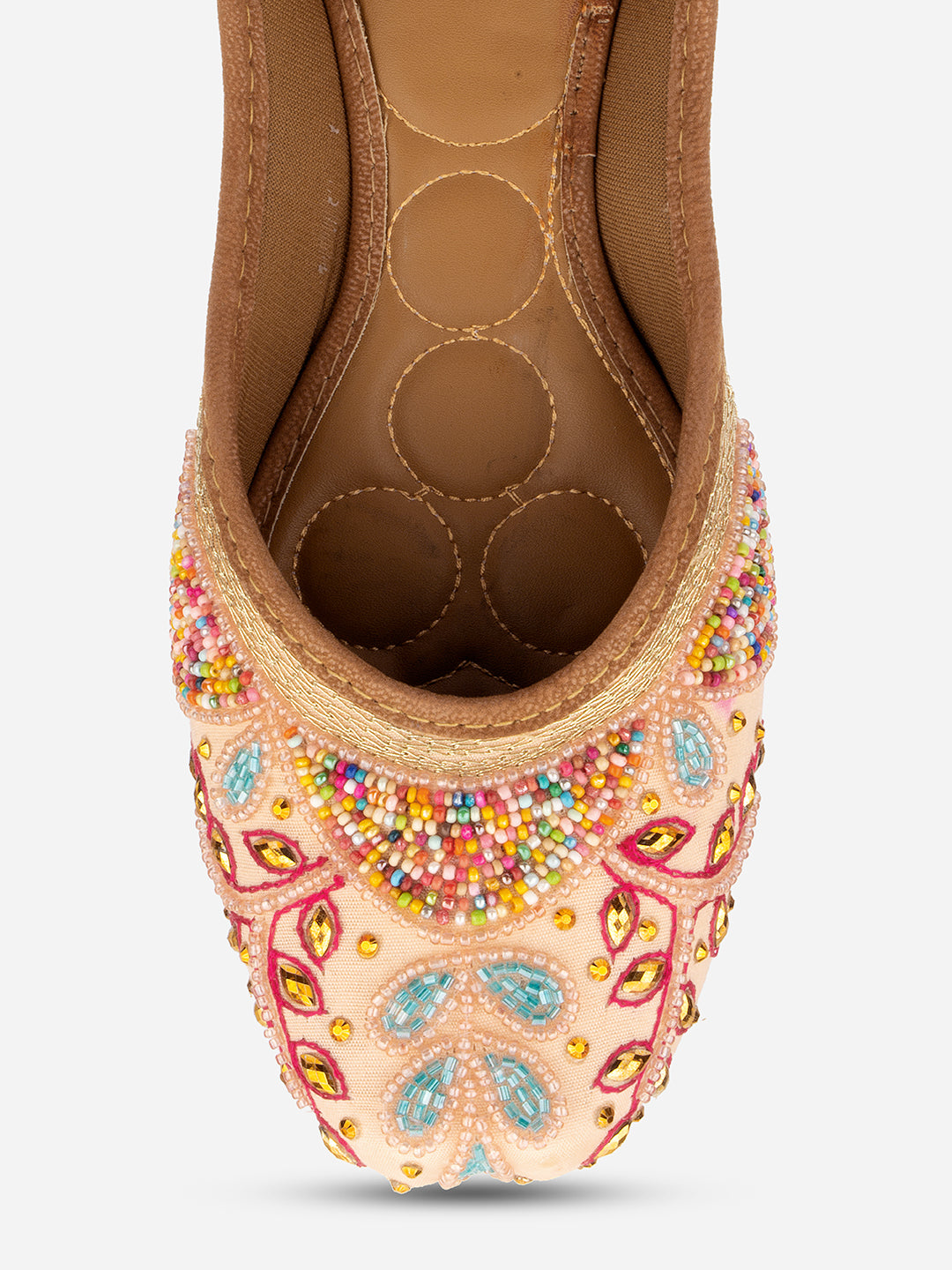 DESI COLOUR Women Peach-Coloured Embellished Leather Ethnic Mojaris Flats