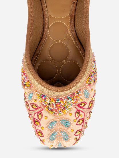 DESI COLOUR Women Peach-Coloured Embellished Leather Ethnic Mojaris Flats