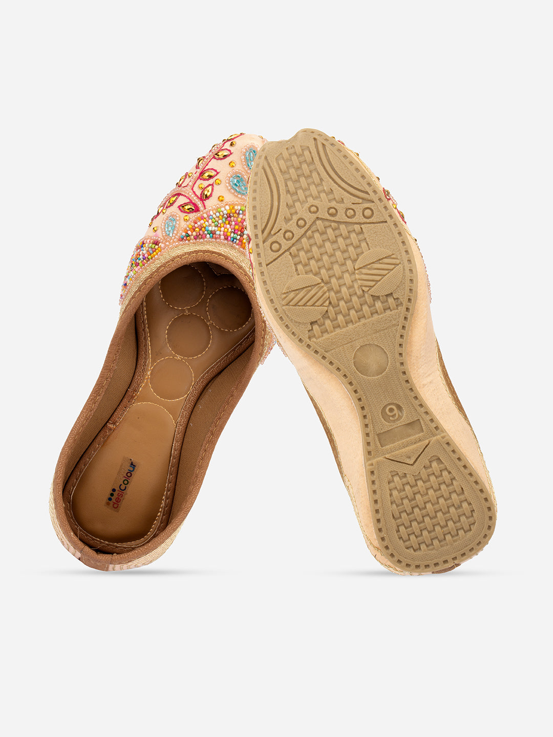 DESI COLOUR Women Peach-Coloured Embellished Leather Ethnic Mojaris Flats