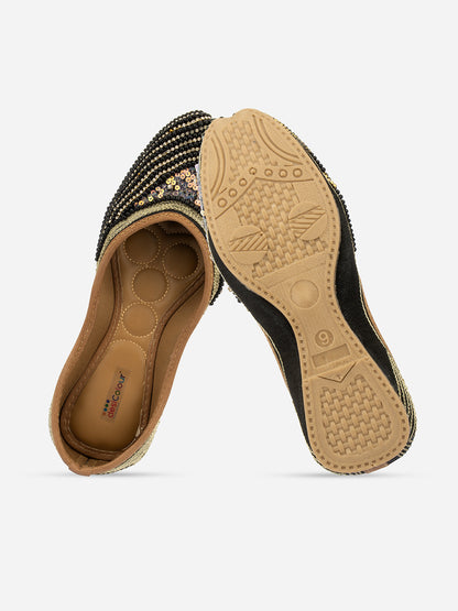 DESI COLOUR Women Black Embellished Leather Ethnic Mojaris Flats