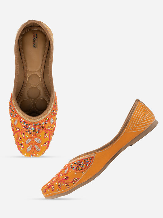 DESI COLOUR Women Orange Embellished Synthetic Ethnic Mojaris Flats
