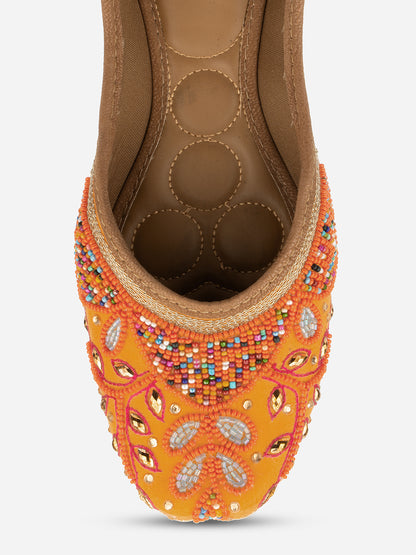 DESI COLOUR Women Orange Embellished Synthetic Ethnic Mojaris Flats