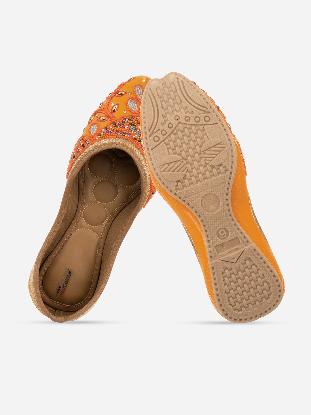 DESI COLOUR Women Orange Embellished Synthetic Ethnic Mojaris Flats