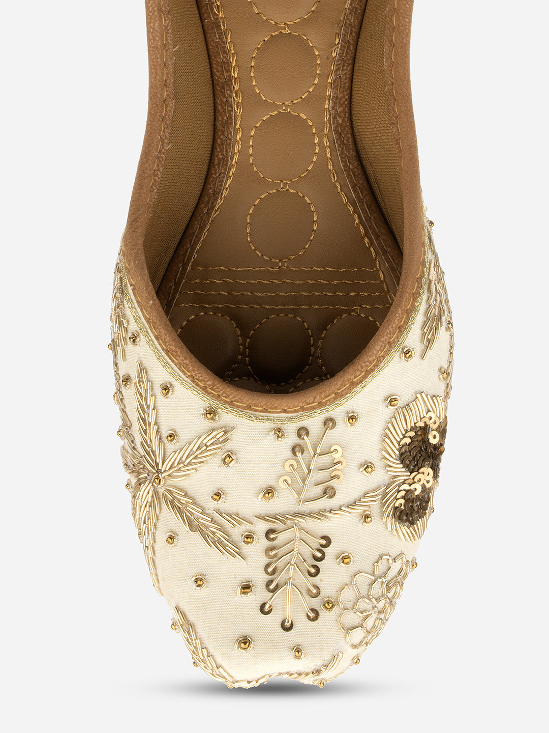 DESI COLOUR Women Off White Embellished Leather Ethnic Mojaris Flats