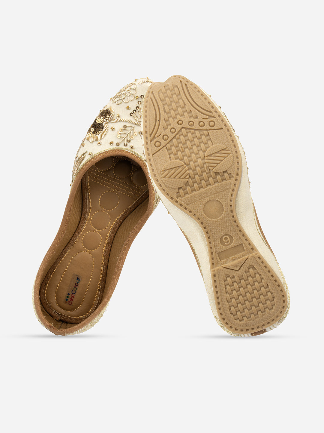 DESI COLOUR Women Off White Embellished Leather Ethnic Mojaris Flats