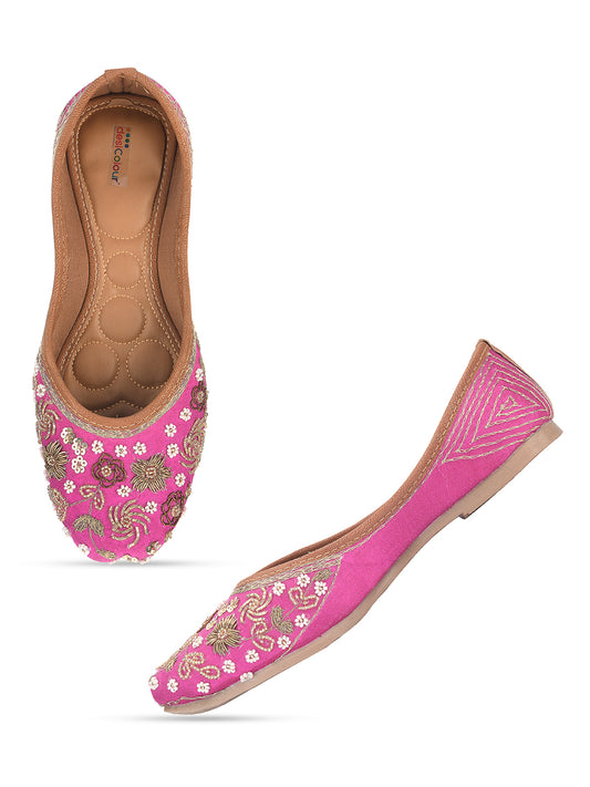 DESI COLOUR Women Pink Embellished Leather Ethnic Mojaris Flats