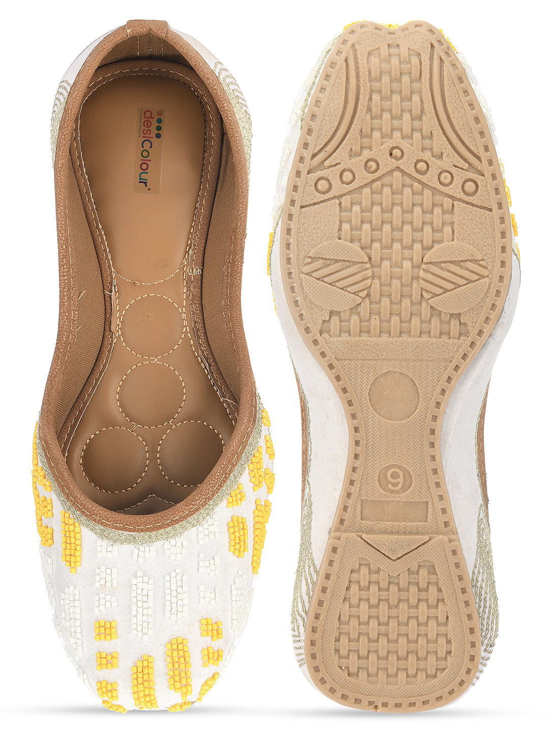 DESI COLOUR Women White Textured Leather Ethnic Mojaris Flats