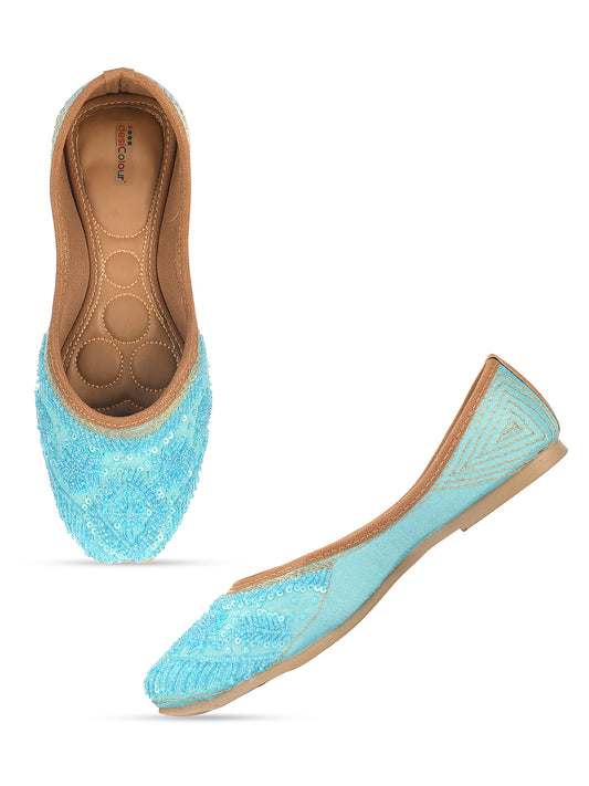 DESI COLOUR Women Blue Embellished Ethnic Mojaris Flats