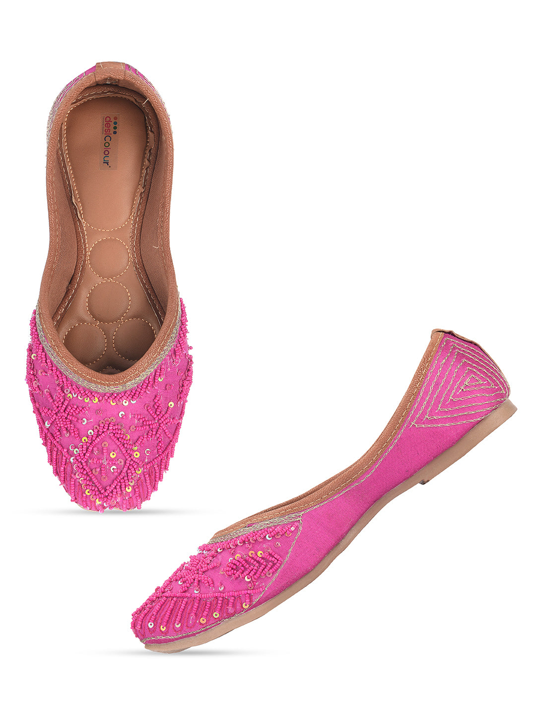 DESI COLOUR Women Pink Embellished Ethnic Mojaris Flats