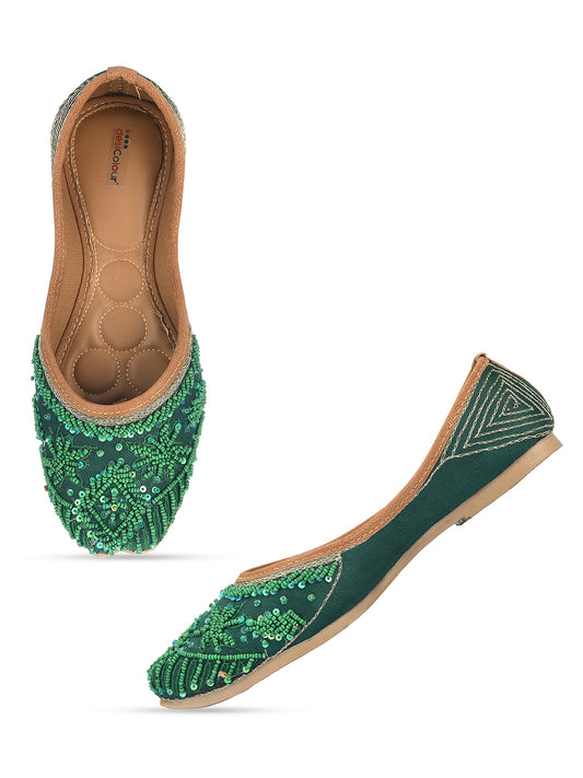 DESI COLOUR Women Green Ethnic Mojaris Flats