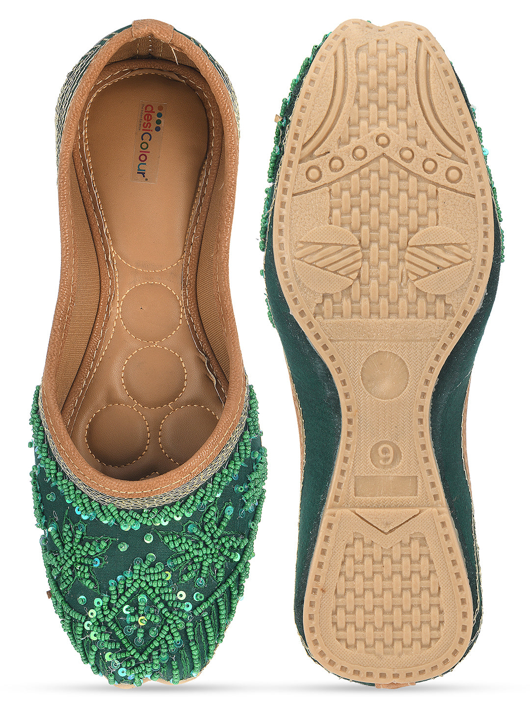 DESI COLOUR Women Green Ethnic Mojaris Flats