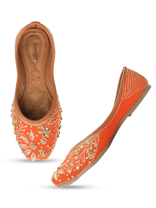 DESI COLOUR Women Orange Embellished Leather Ethnic Mojaris Flats