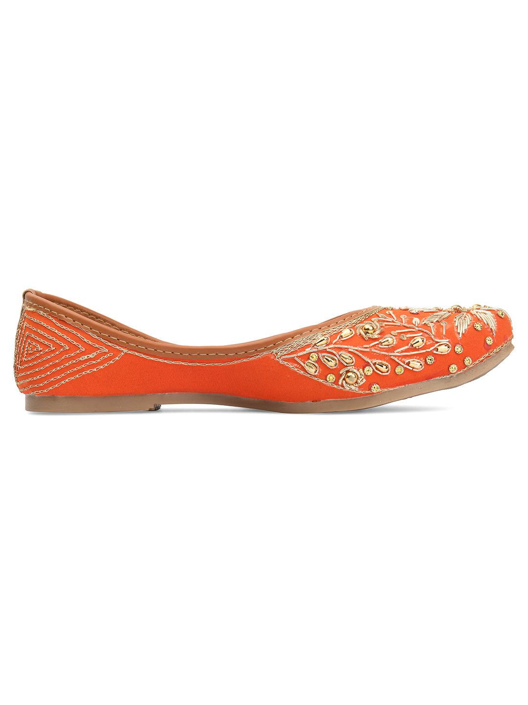 DESI COLOUR Women Orange Embellished Leather Ethnic Mojaris Flats