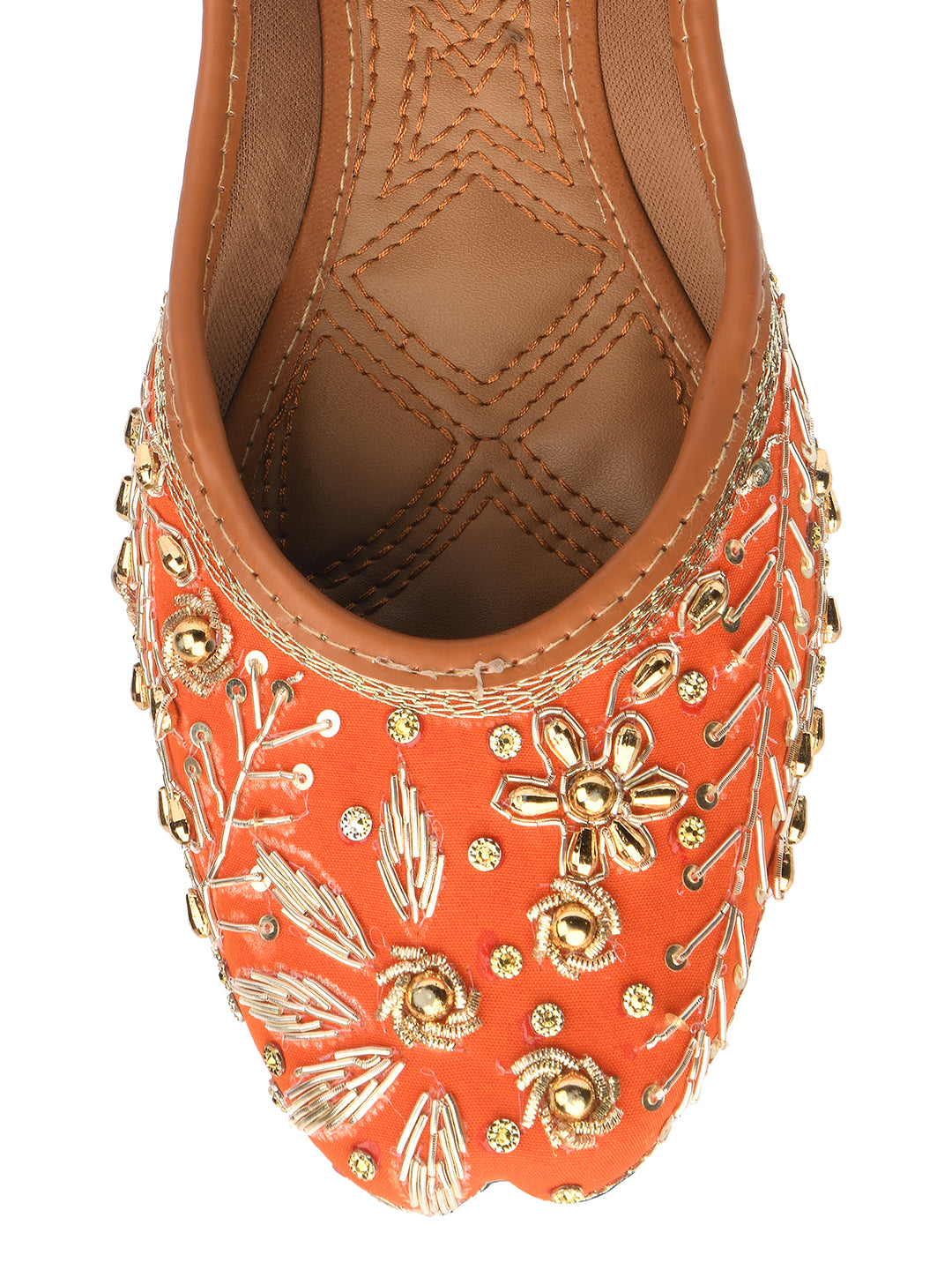 DESI COLOUR Women Orange Embellished Leather Ethnic Mojaris Flats