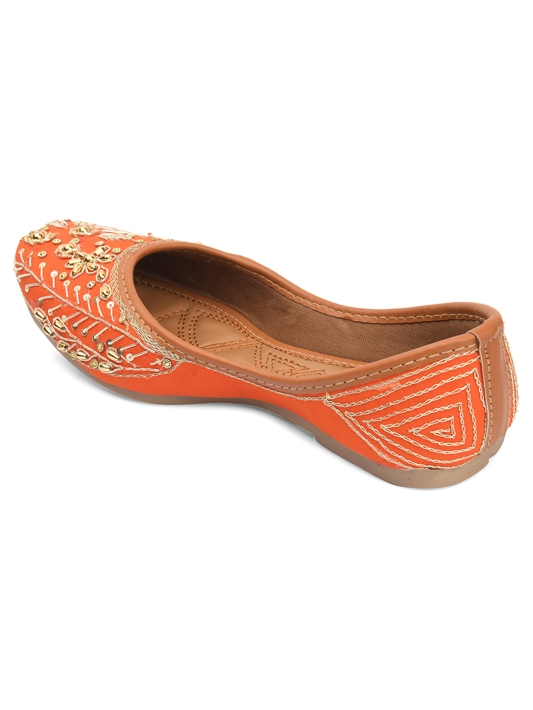 DESI COLOUR Women Orange Embellished Leather Ethnic Mojaris Flats