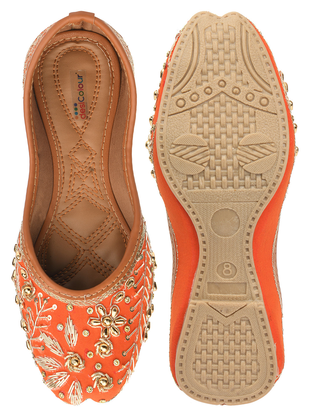 DESI COLOUR Women Orange Embellished Leather Ethnic Mojaris Flats