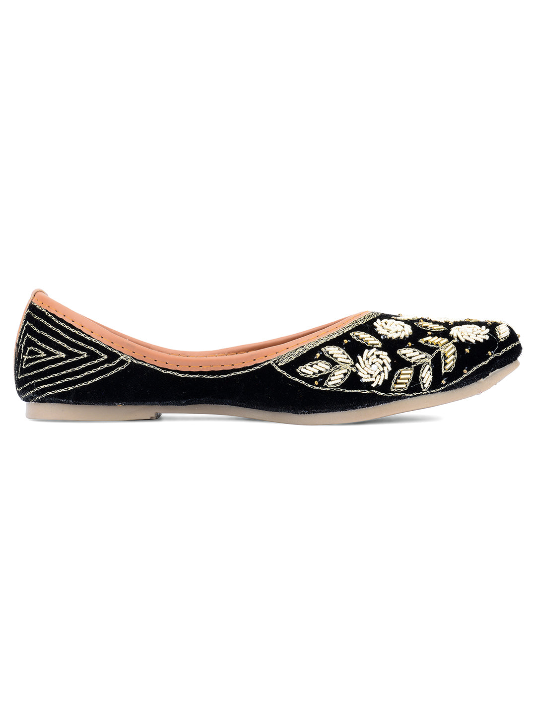 DESI COLOUR Women Black  White Embellished Velvet Mojaris