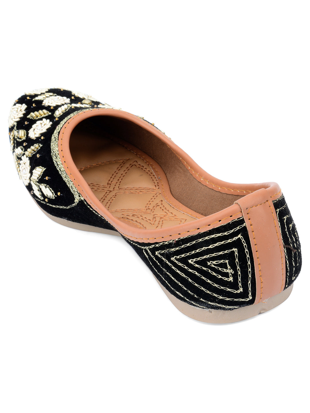 DESI COLOUR Women Black  White Embellished Velvet Mojaris