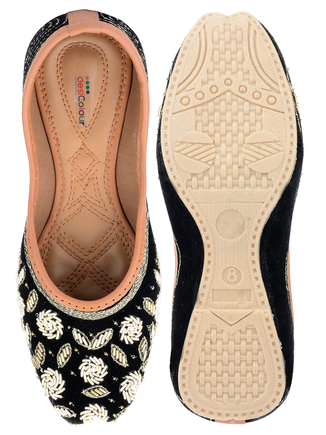 DESI COLOUR Women Black  White Embellished Velvet Mojaris