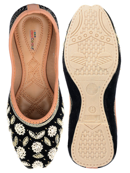 DESI COLOUR Women Black  White Embellished Velvet Mojaris