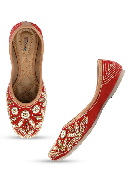 DESI COLOUR Women Red  Gold-Toned Embellished Velvet Mojaris