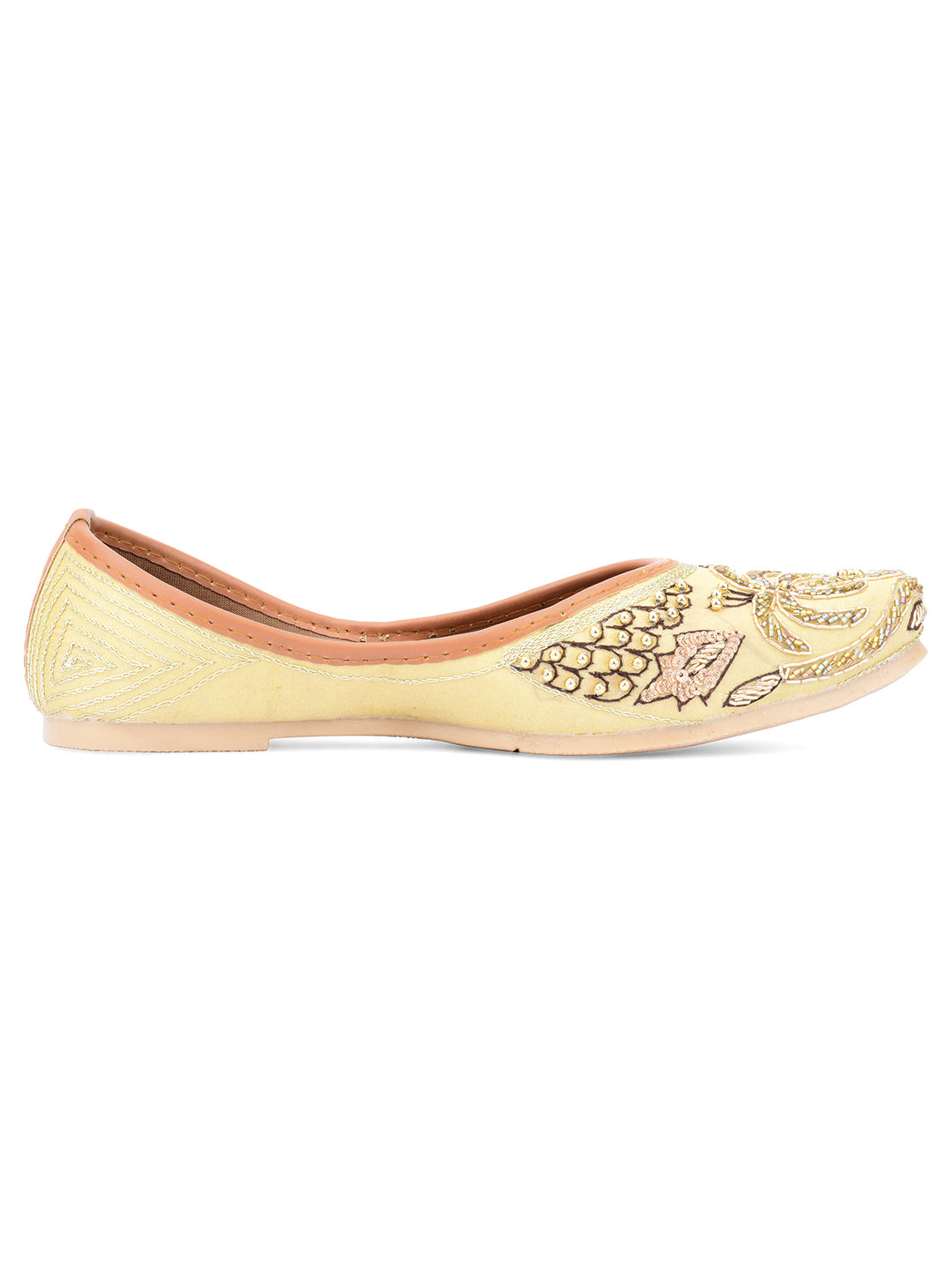 DESI COLOUR Women Gold-Toned Embellished Leather Ethnic Mojaris Flats