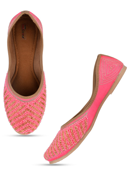 DESI COLOUR Women Pink Embellished Leather Ethnic Mojaris Flats