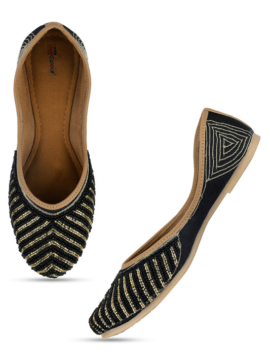 DESI COLOUR Women Black Embellished Leather Ethnic Mojaris Flats