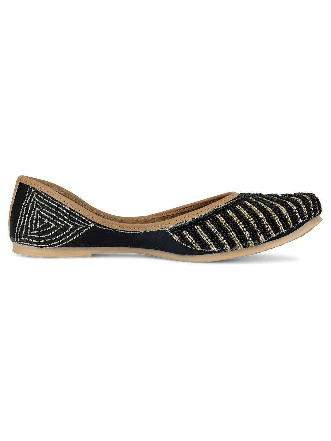 DESI COLOUR Women Black Embellished Leather Ethnic Mojaris Flats