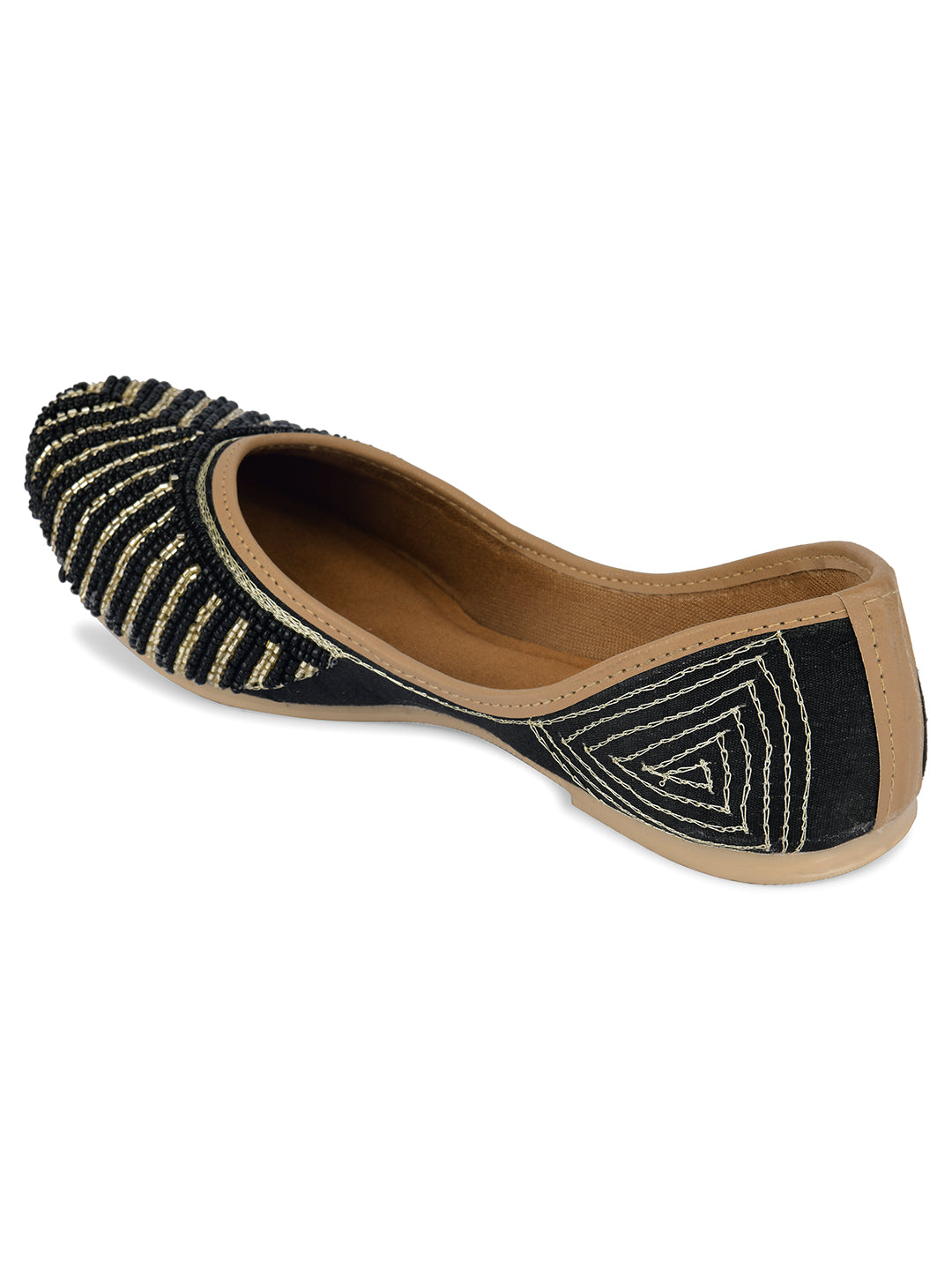 DESI COLOUR Women Black Embellished Leather Ethnic Mojaris Flats