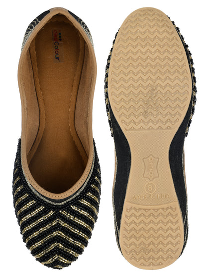 DESI COLOUR Women Black Embellished Leather Ethnic Mojaris Flats