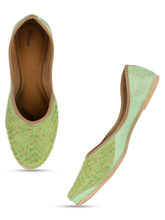 DESI COLOUR Women Green Ethnic Mojaris Flats