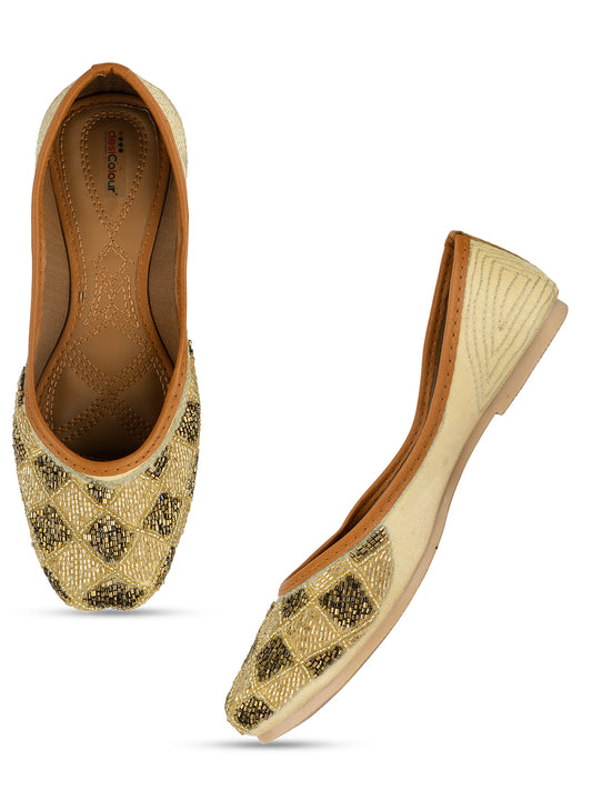 DESI COLOUR Women Copper-Toned Embellished Ethnic Mojaris Flats