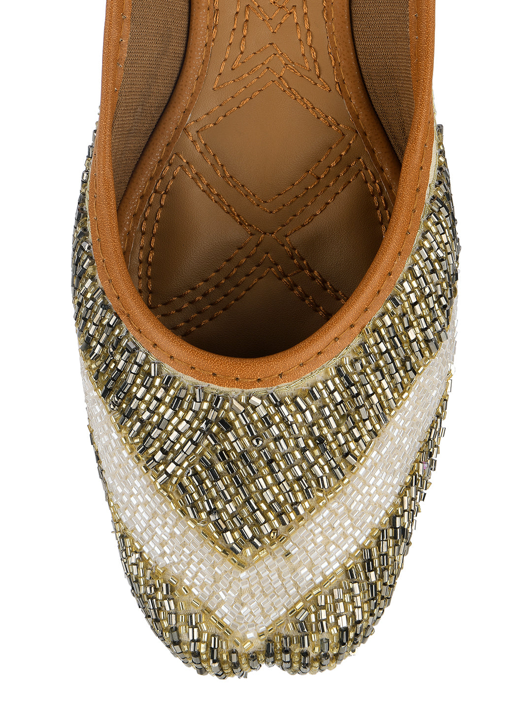 DESI COLOUR Women Gold-Toned Embellished Leather Ethnic Mojaris