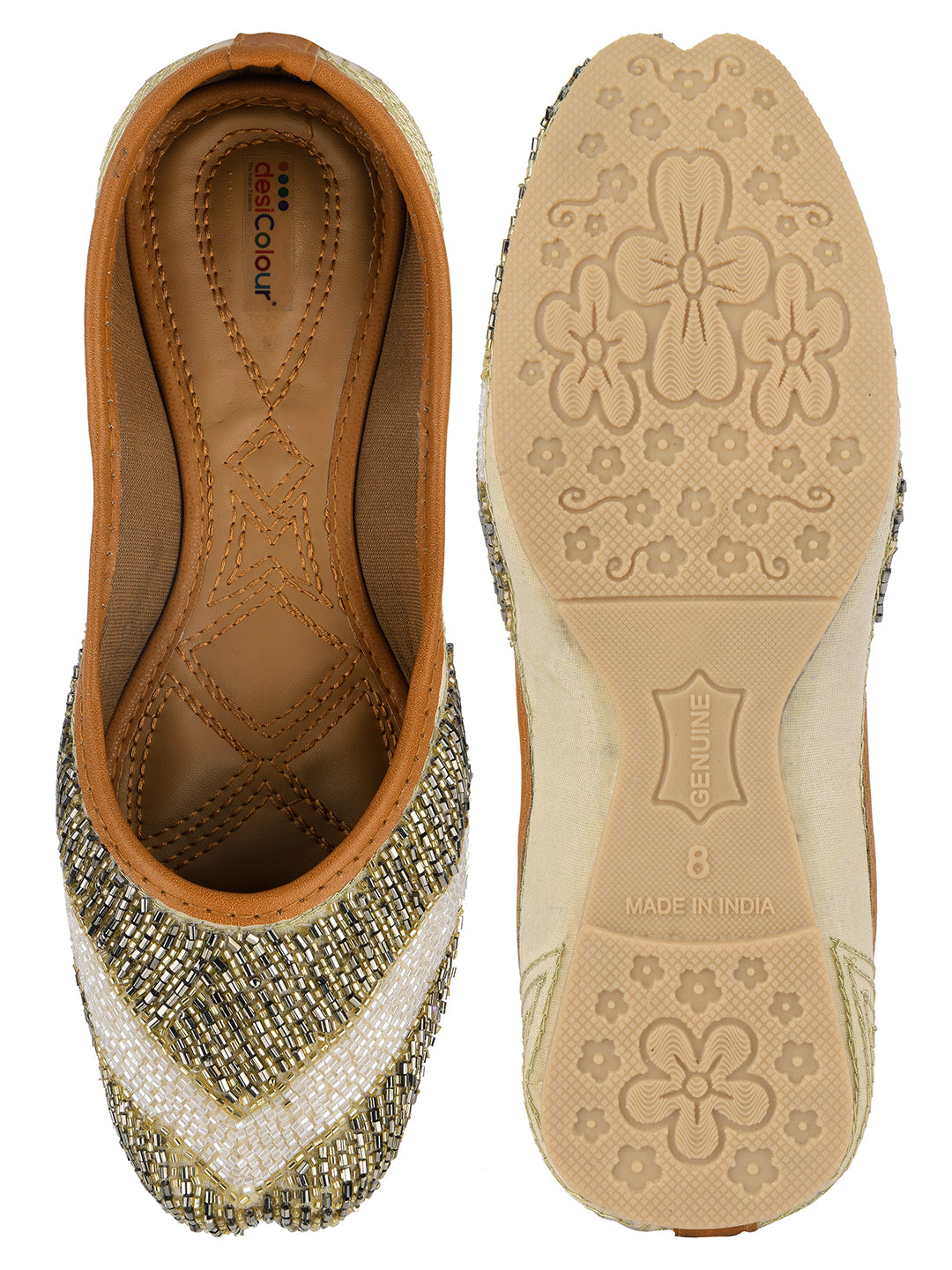 DESI COLOUR Women Gold-Toned Embellished Leather Ethnic Mojaris